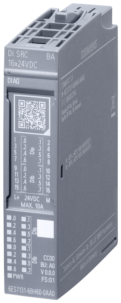 [Imagem do produto SIMATIC ET 200SP DI 16X24VDC SRC BA PU 1 6ES71316BH600AA0 SIEMENS]