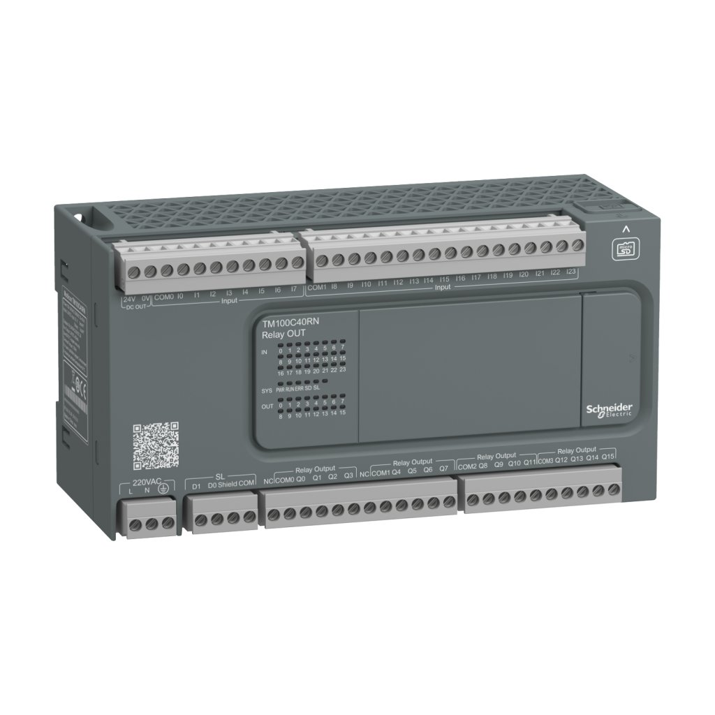 [Imagem CLP - CONTROLADOR LÓGICO PROGRAMÁVEL - 24 ENTRADAS / 16 SAÍDAS DIGITAIS - SAÍDAS RELÉ - MODBUS RTU/ASCII - 110/220 VAC TM100C40RN SCHNEIDER]
