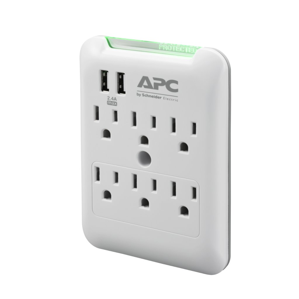 [Imagem do produto APC ESSENTIAL SURGEARREST 6 OUTLET WALL TAP WITH 5V 2.4A 2 PORT USB CHARGER 120V PE6WU2 SCHNEIDER]