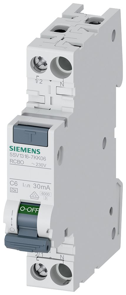 [Imagem DISJUNTOR DR UNIPOLAR 6A 6KA 30MA 5SV13167KK06 SIEMENS]