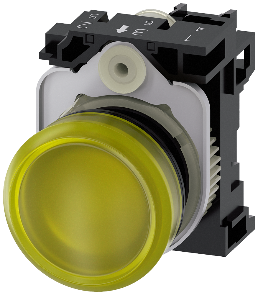 [Imagem SINALIZADOR LUMINOSO 22MM REDONDO PLÁSTICO AMARELO LENTE PLANO 230V CA 3SU11066AA301AA0 SIEMENS]