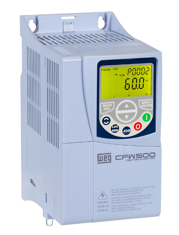 [Imagem INVERSOR DE FREQUÊNCIA TRIFÁSICO 2,2KW 6,5A 380/480V 50/60HZ CFW500B06P5T4DB20Y2 15013375 WEG]
