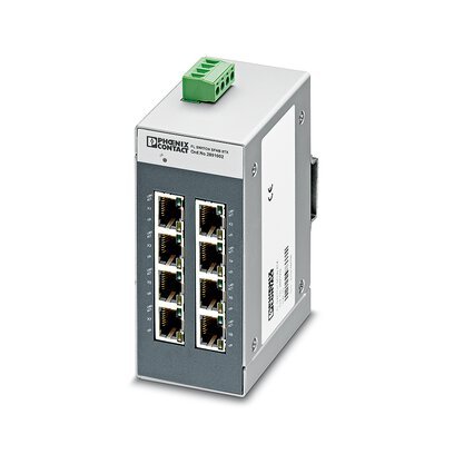 [Imagem INTERRUPTOR ETHERNET 8 PORTAS TP-RJ45 IDENTIFICACAO AUTOMATICA INDICE TRANSMISSAO DADOS 10/100 MBIT/S (RJ45) FUNÇÃO AUTOCROSSING SFNB8TX PHOENIX CONTACT]